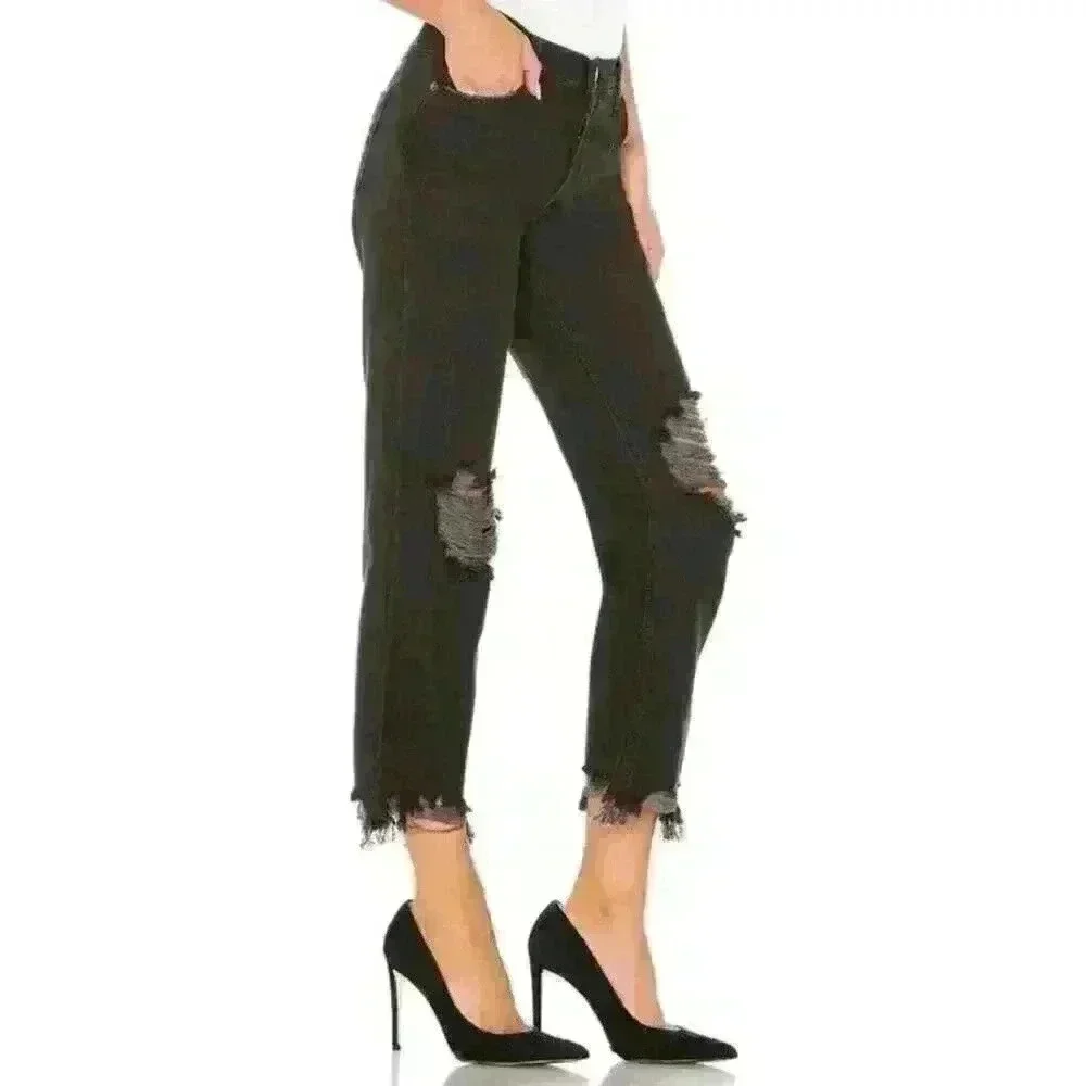 FREE‎ PEOPLE Maggie Mid Rise Straight -Leg Jeans In Washed Black SIZE 27